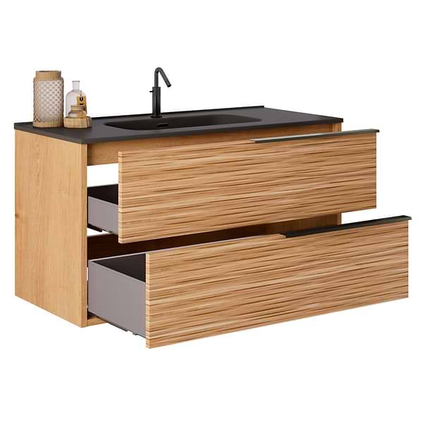 Kora Bamboo Faux Finish 40" Single Vanity with Integrated Black Ceramic Top & Black Handles
