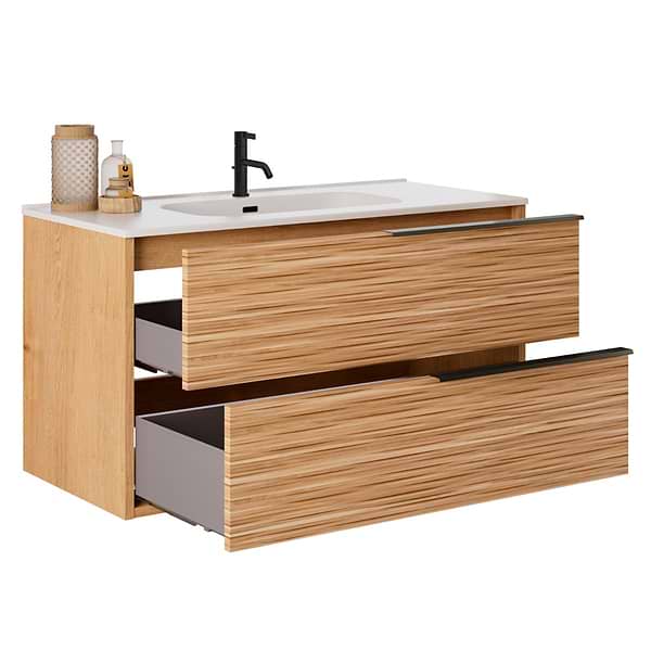 Kora Bamboo Faux Finish 40" Single Vanity with Integrated White Ceramic Top & Black Handles