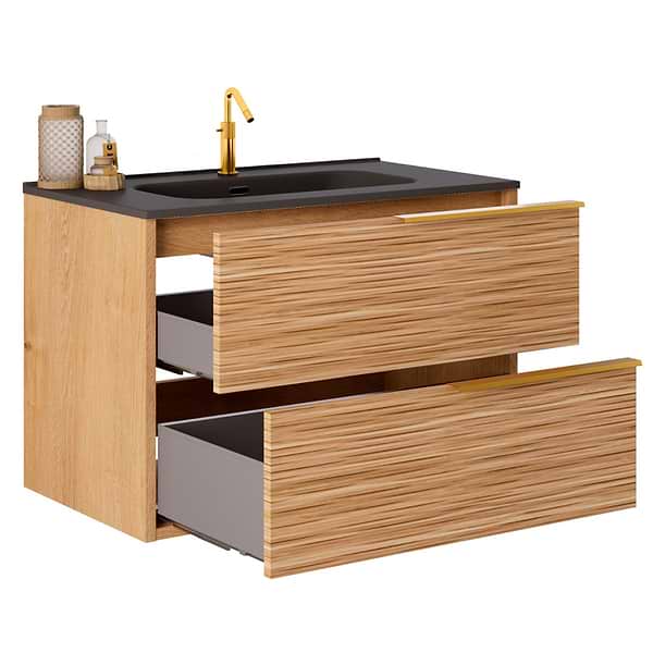Kora Bamboo Faux Finish 32" Single Vanity with Integrated Black Ceramic Top & Gold Handles