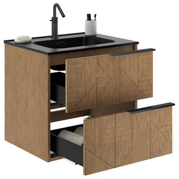 Kora Geo Faux Fluted 24" Single Vanity with Integrated Black Ceramic Top & Black Handles