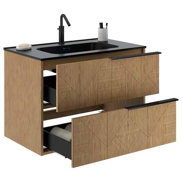 Kora Geo Faux Fluted 32" Single Vanity with Integrated Black Ceramic Top & Black Handles