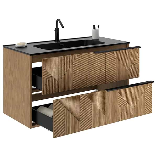 Kora Geo Faux Fluted 40" Single Vanity with Integrated Black Ceramic Top & Black Handles