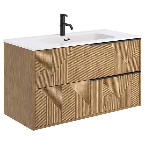 Kora Geo Faux Fluted 40" Single Vanity with Integrated White Ceramic Top & Black Handles