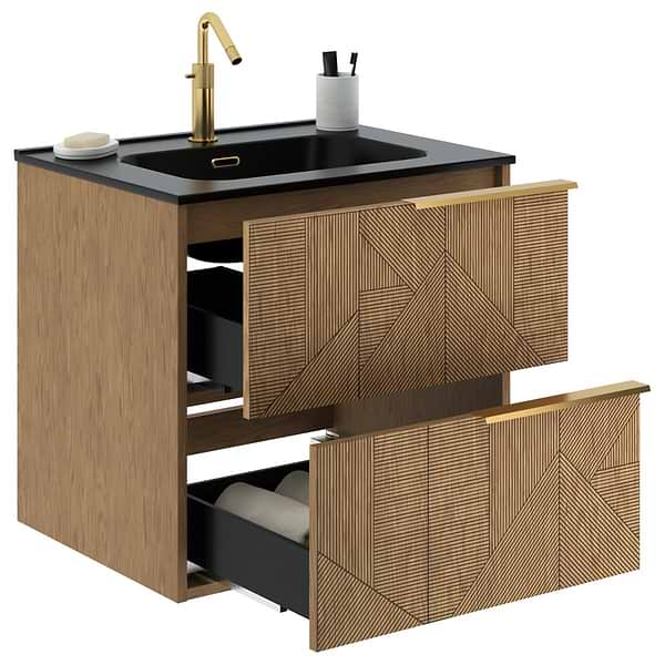 Kora Geo Faux Fluted 24" Single Vanity with Integrated Black Ceramic Top & Gold Handles