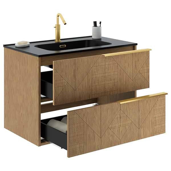 Kora Geo Faux Fluted 32" Single Vanity with Integrated Black Ceramic Top & Gold Handles