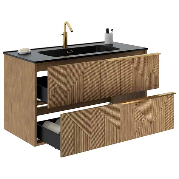 Kora Geo Faux Fluted 40" Single Vanity with Integrated Black Ceramic Top & Gold Handles