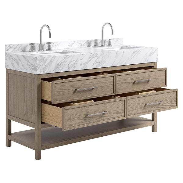 TileBar Studio Vanities Rowan Greige Ash 60" Double Vanity with Carrara Marble Top