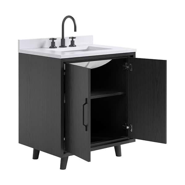 Setton Ebony Oak 30" Single Vanity with White Quartz Top by TileBar Studio Vanities, View 8, open zoomed image