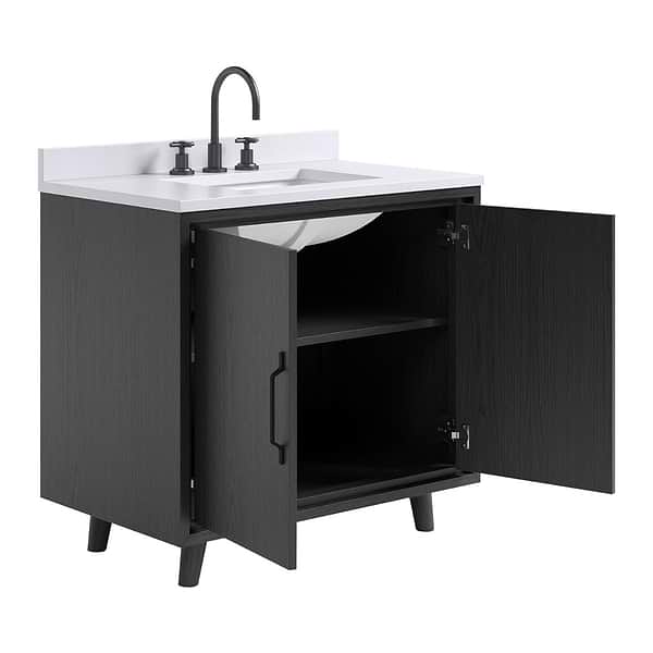 Setton Ebony Oak 36" Single Vanity with White Quartz Top by TileBar Studio Vanities, View 8, open zoomed image