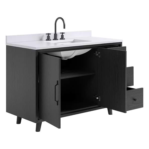 Setton Ebony Oak 48" Single Vanity with White Quartz Top by TileBar Studio Vanities, View 8, open zoomed image