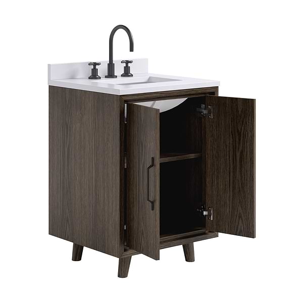 Setton Espresso Oak 24" Single Vanity with White Quartz Top by TileBar Studio Vanities, View 8, open zoomed image