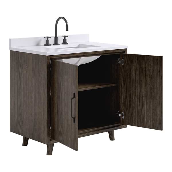 Setton Espresso Oak 36" Single Vanity with White Quartz Top by TileBar Studio Vanities, View 8, open zoomed image