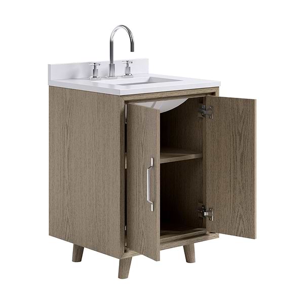 Setton Greige Ash 24" Single Vanity with White Quartz Top by TileBar Studio Vanities, View 8, open zoomed image