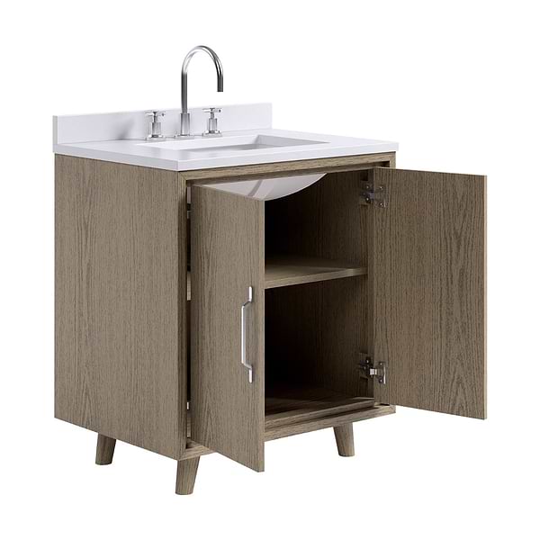 Setton Greige Ash 30" Single Vanity with White Quartz Top by TileBar Studio Vanities, View 8, open zoomed image