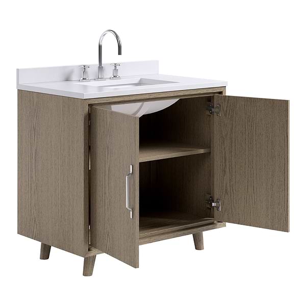 Setton Greige Ash 36" Single Vanity with White Quartz Top by TileBar Studio Vanities, View 8, open zoomed image