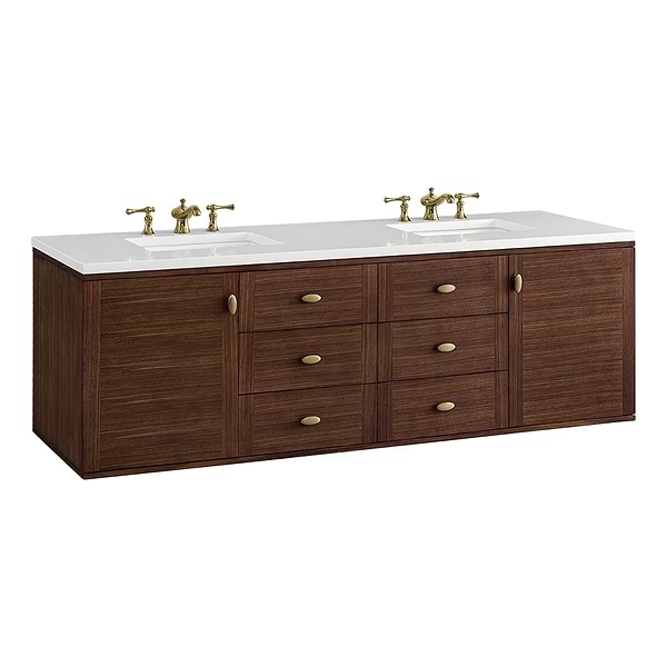 James Martin Vanities Amberly Mid-Century Walnut 72" Double Vanity with White Zeus Quartz Top