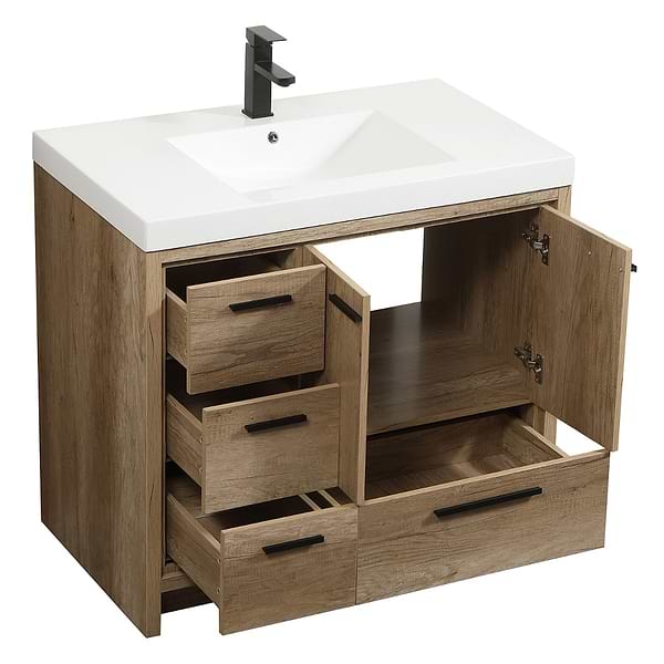 Ember Natural Oak 36" Single Vanity with White Solid Surface Top