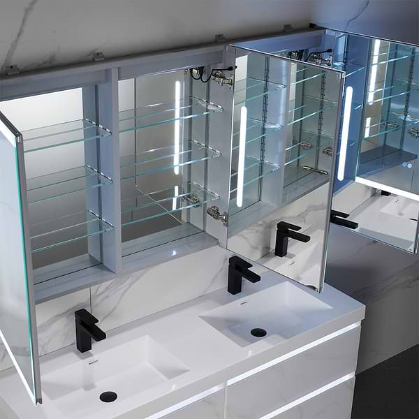Mirava 60x32"  Rectangle Recessed or Wall Mounted Side by Side LED Medicine Cabinet with Mirror in Silver, View 5, open zoomed image