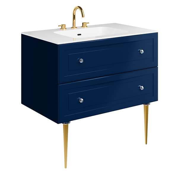 Alma Blue 36" Vanity with Gold Legs & Knobs with Integrated White Solid Surface Top