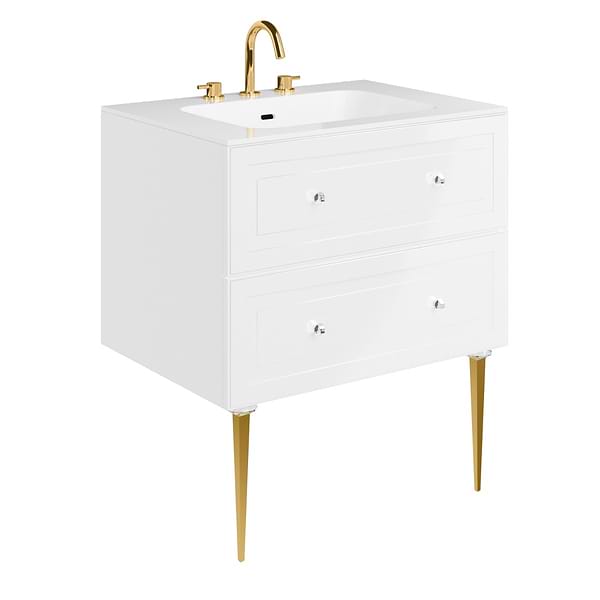 Alma White 30" Vanity with Gold Legs & Knobs with Integrated White Solid Surface Top