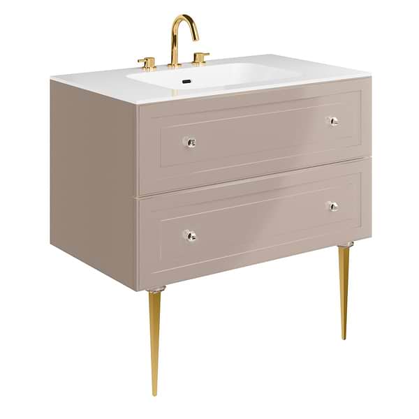 Alma Taupe 36" Vanity with Gold Legs & Knobs with Integrated White Solid Surface Top