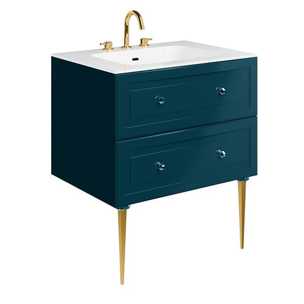 Alma Turquoise 30" Vanity with Gold Legs & Knobs with Integrated White Solid Surface Top