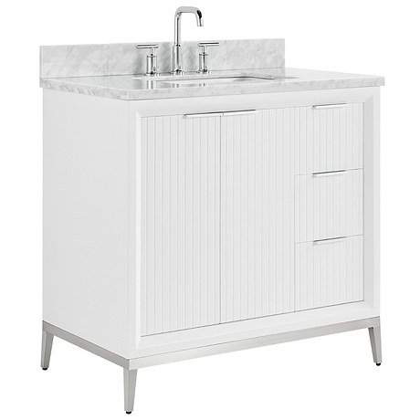 Bungalow White and Silver 36" Single Vanity with Carrara Marble Top