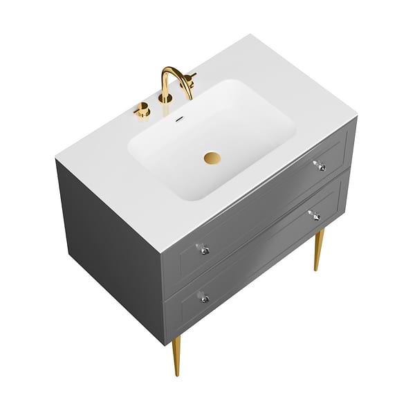 Alma Gray 36" Vanity with Gold Legs & Knobs with Integrated White Solid Surface Top
