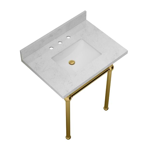 Pierce Brushed Brass 30" Single Console with Rectangle Sink and Carrara Marble Top