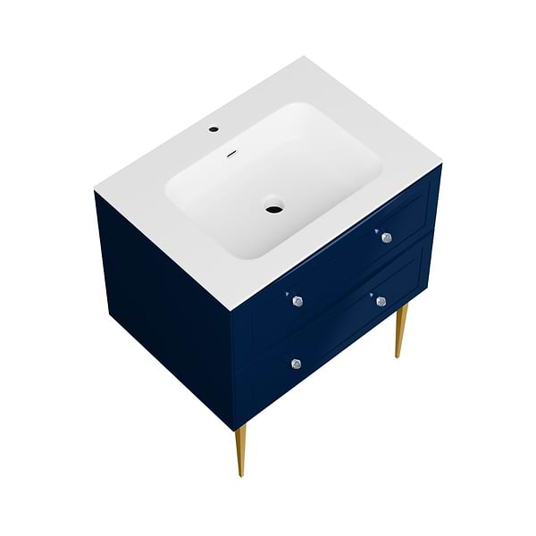 Alma Blue 30" Vanity with Gold Legs & Knobs with Integrated White Solid Surface Top