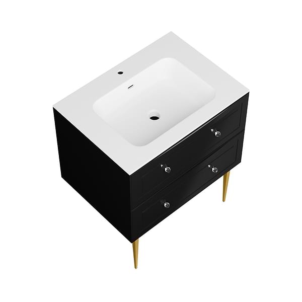 Alma Black 30" Vanity with Gold Legs & Knobs with Integrated White Solid Surface Top
