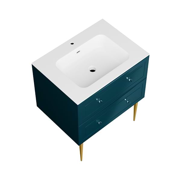 Alma Turquoise 30" Vanity with Gold Legs & Knobs with Integrated White Solid Surface Top