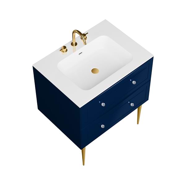 Alma Blue 30" Vanity with Gold Legs & Knobs with Integrated White Solid Surface Top