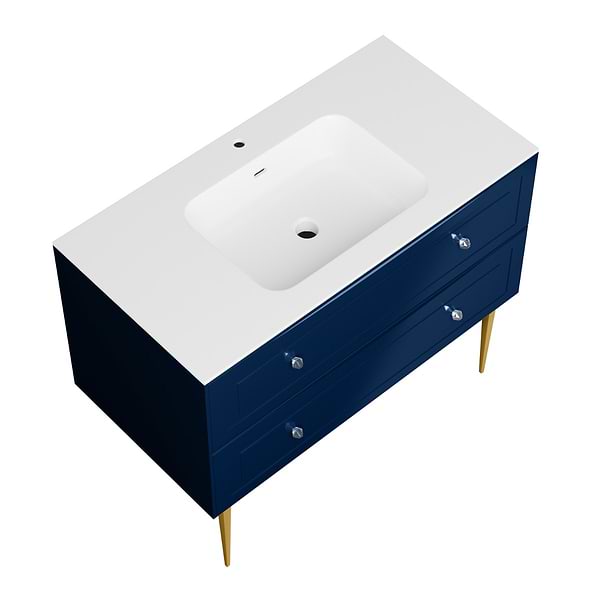 Alma Blue 42" Vanity with Gold Legs & Knobs with Integrated White Solid Surface Top