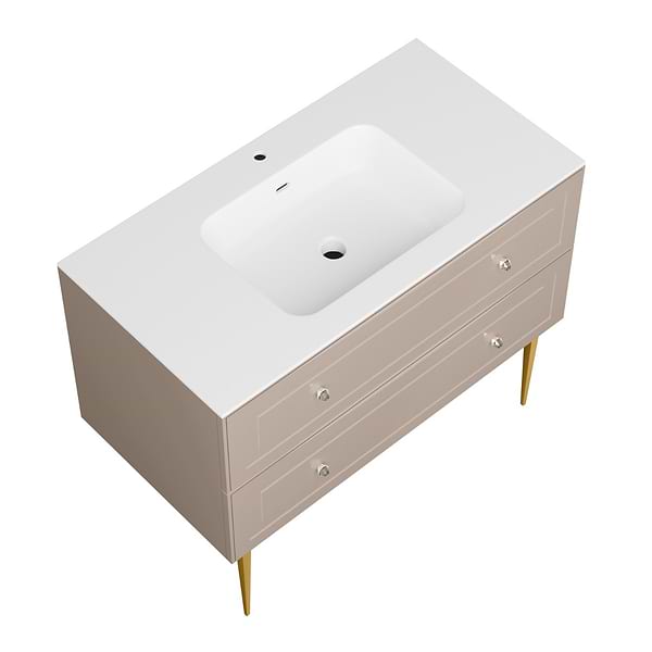 Alma Taupe 42" Vanity with Gold Legs & Knobs with Integrated White Solid Surface Top