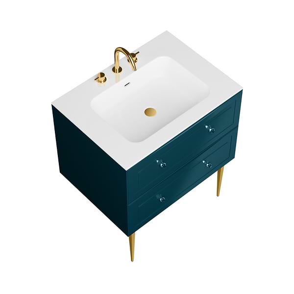 Alma Turquoise 30" Vanity with Gold Legs & Knobs with Integrated White Solid Surface Top