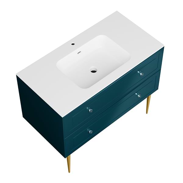 Alma Turquoise 42" Vanity with Gold Legs & Knobs with Integrated White Solid Surface Top