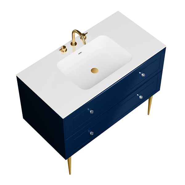 Alma Blue 42" Vanity with Gold Legs & Knobs with Integrated White Solid Surface Top