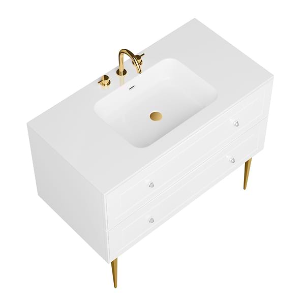 Alma White 42" Vanity with Gold Legs & Knobs with Integrated White Solid Surface Top