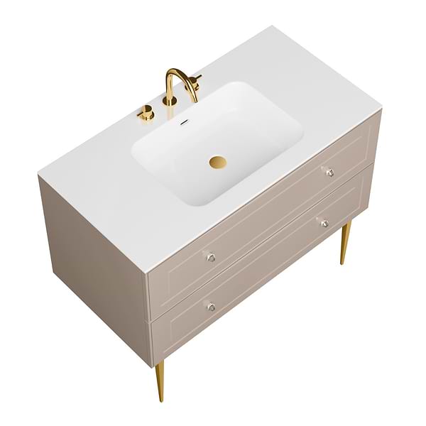 Alma Taupe 42" Vanity with Gold Legs & Knobs with Integrated White Solid Surface Top