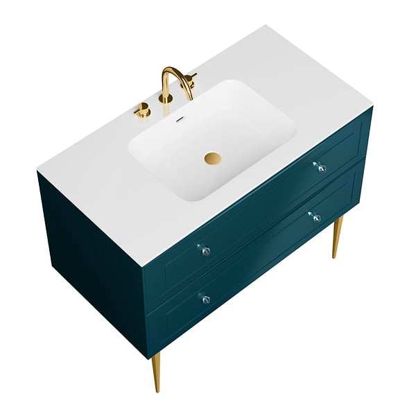 Alma Turquoise 42" Vanity with Gold Legs & Knobs with Integrated White Solid Surface Top