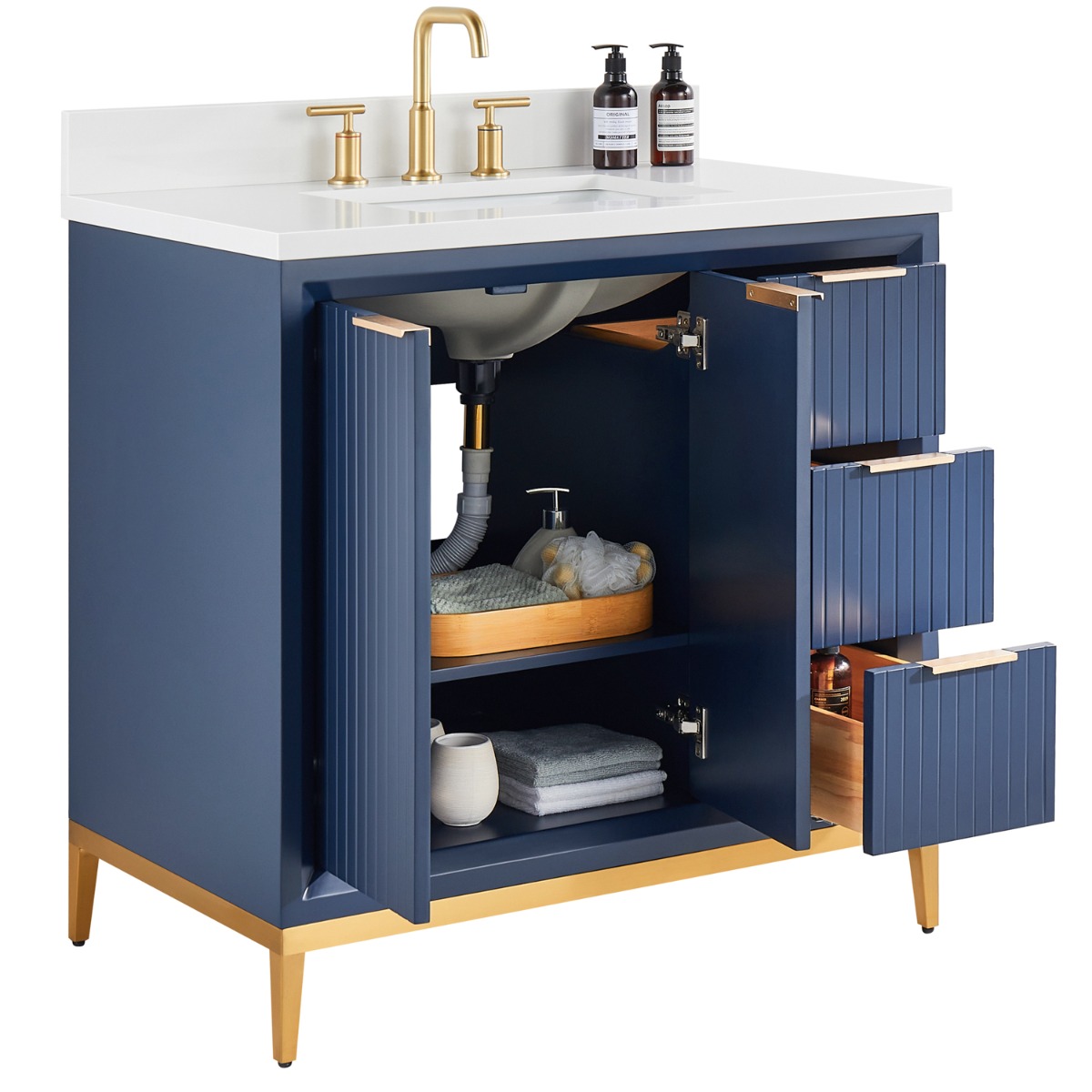 Bungalow Navy and Gold 36" Single Vanity with Pure White Quartz Top