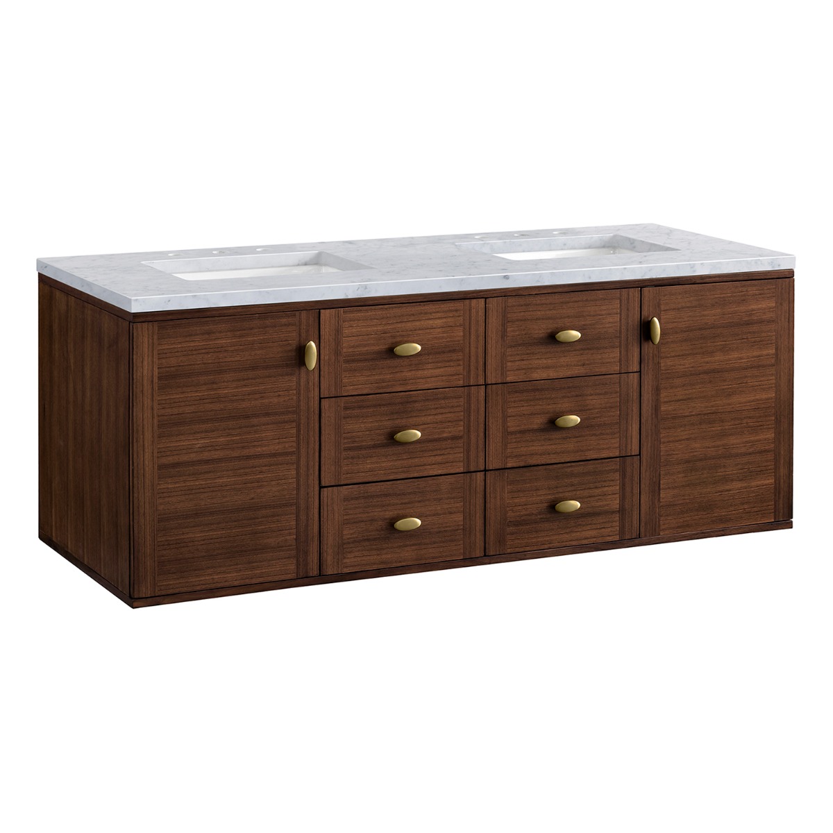 James Martin Vanities Amberly Mid-Century Walnut 60" Double Vanity with Carrara Marble Top
