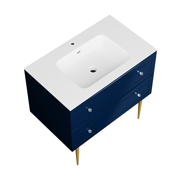 Alma Blue 36" Vanity with Gold Legs & Knobs with Integrated White Solid Surface Top
