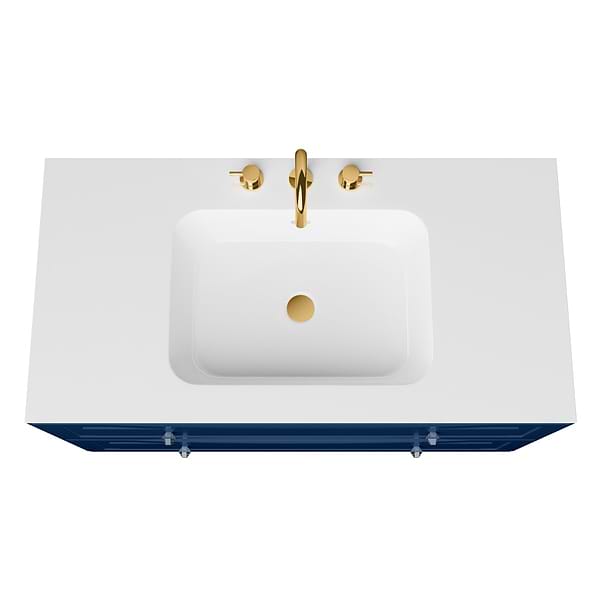 Alma Blue 42" Vanity with Gold Legs & Knobs with Integrated White Solid Surface Top
