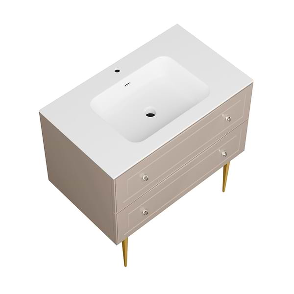 Alma Taupe 36" Vanity with Gold Legs & Knobs with Integrated White Solid Surface Top