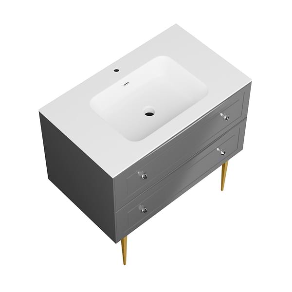 Alma Gray 36" Vanity with Gold Legs & Knobs with Integrated White Solid Surface Top
