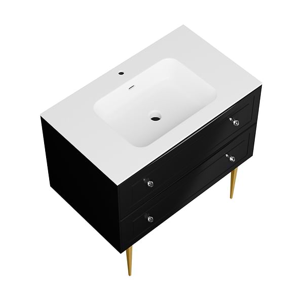 Alma Black 36" Vanity with Gold Legs & Knobs with Integrated White Solid Surface Top