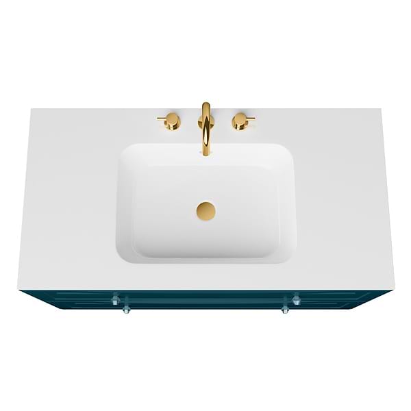 Alma Turquoise 42" Vanity with Gold Legs & Knobs with Integrated White Solid Surface Top