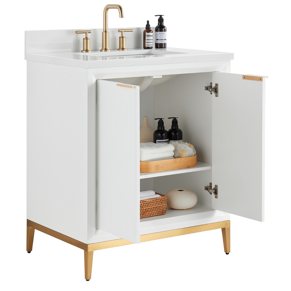 Bungalow White and Gold 30" Single Vanity with Pure White Quartz Top
